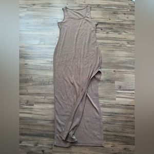 Tan dress with leg cutout